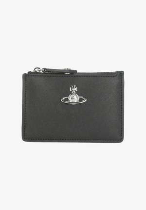 Porta carte in pelle nera testurizzata con cerniera superiore e logo a sfera argentata al centro sul davanti.