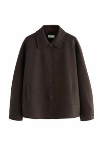 Veste en laine marron foncé avec un col classique, quatre boutons à l'avant et deux poches latérales verticales, exposée sur un fond blanc.