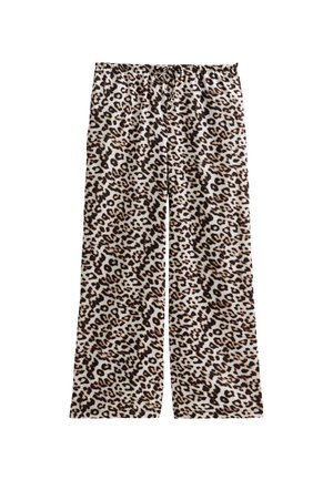 Pantalons en imprimé léopard avec une coupe confortable, présentant des nuances de brun et de noir sur un fond beige clair, taille avec cordon de serrage ajustable.