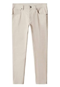 Beige katoenen broek met een slim fit, voorzien van vijf zakken, een ritsluiting en metalen knoopsluiting. Glad weefsel met subtiele stikseldetails.