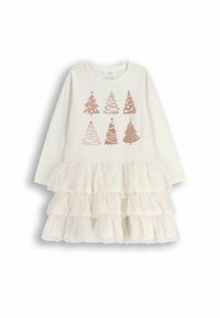 Sukienka z długim rękawem w kolorze kremowym z falbaną na dole, ozdobiona nadrukiem choinek w różowym złocie. Miękka bawełna i warstwy tiulu.