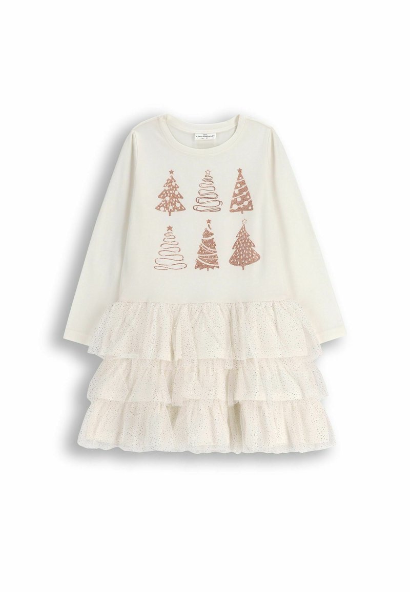 Sukienka z długim rękawem w kolorze kremowym z falbaną na dole, ozdobiona nadrukiem choinek w różowym złocie. Miękka bawełna i warstwy tiulu.