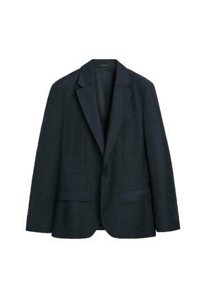 Navy wool blazer with notch lapels, two front pockets, and three-button cuffs. Smooth texture with a tailored fit and minimal detailing.