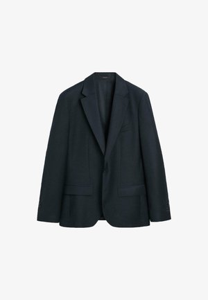 Navy wool blazer with notch lapels, two front pockets, and three-button cuffs. Smooth texture with a tailored fit and minimal detailing.
