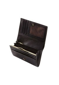 Zwarte leren portemonnee met een drukknoopsluiting, meerdere kaartsleuven en vakken. Het interieur heeft een doorzichtige ID-sectie en goudkleurige hardware.