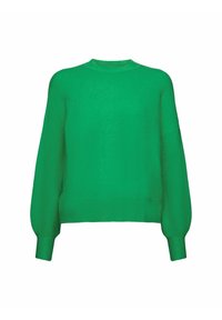 Pull en maille vert vif avec manches longues ballons et bords côtes aux poignets, à l’ourlet et à l’encolure ronde sur fond blanc.