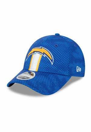 Blaue New Era Cap mit strukturiertem Muster, ausgestattet mit einem gelben und weißen Blitzlogo auf der Vorderseite und einem gebogenen Schirm.