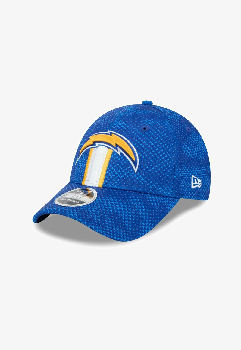 Blue New Era cap with textured pattern, featuring a yellow and white lightning bolt logo on the front and a curved visor.