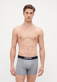 Herren graue Boxershorts mit einem schwarzen Bündchen, das das weiße „Levi's“-Logo trägt. Hergestellt aus dehnbarem Baumwollgewebe für Komfort.