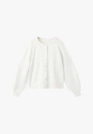 Cardigan gris clair en tissu tricoté doux. Comprend un col rond, des manches longues bouffantes et six boutons à l'avant.