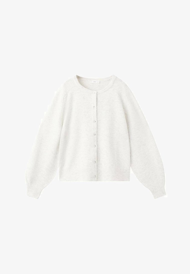 Světlounce šedý kardigan z měkké pletené látky. Má kulatý výstřih, dlouhé nafouklé rukávy a šest knoflíků vpředu.