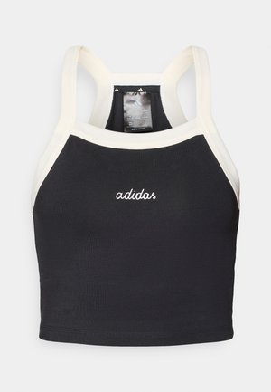 Melna sporta krūšturis ar krēmkrāsas akcentiem, ar racerback dizainu un izšūtu "adidas" logo priekšpusē. Izgatavots no stiepjoša auduma.
