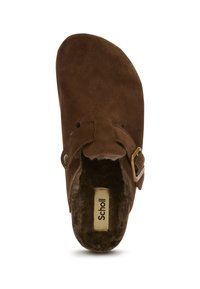 Bruna mocka slip-on träskor med justerbart spänne och mjukt plyschinteriör, märkt Scholl på innersulan.