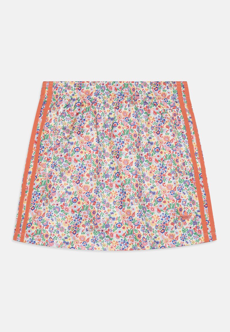 Virágmintás szoknya, amely színes kis virágokkal díszített, narancssárga oldalsávokkal és ráncolt derekkal. Pamut anyag.