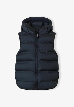 Tamsiai mėlyna paminkšta liemenė be rankovių su gobtuvu ir priekyje užtrauktuku, užtrauktuko trauklelis su užrašu „NYC“.