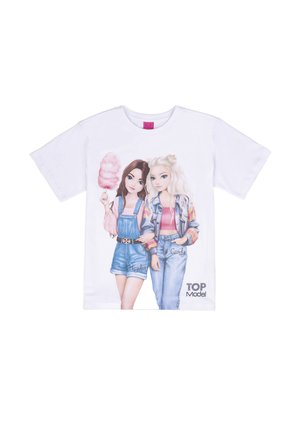 White T-shirt with illustration of two girls, one holding pink cotton candy, both wearing casual denim outfits, "TOP Model" logo at bottom right.
