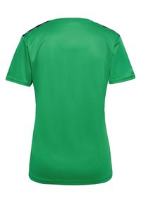 Maillot de sport vert en tissu synthétique lisse. Manches courtes, encolure arrondie et détails noirs sur les épaules.