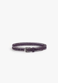 Purple suede belt featuring evenly spaced round cutouts and a silver-tone metal buckle. Smooth texture, with a classic design.