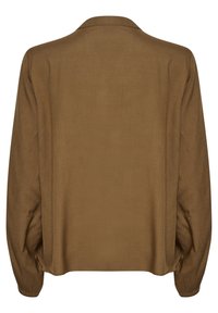 Blusa marrone a maniche lunghe con colletto, vestibilità ampia e polsini arricciati. Tessuto liscio con un design semplice e senza motivi visibili.
