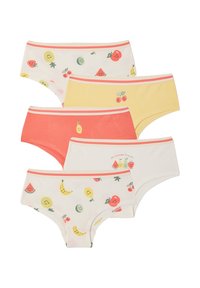Five pairs of children's underwear in pastel colors, featuring smiling fruit patterns and striped waistbands, arranged in two rows.