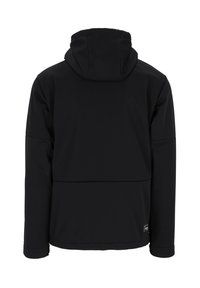 Zwarte hoodie met een gladde textuur, lange mouwen en een middellange snit met een naaddetail over de rug.