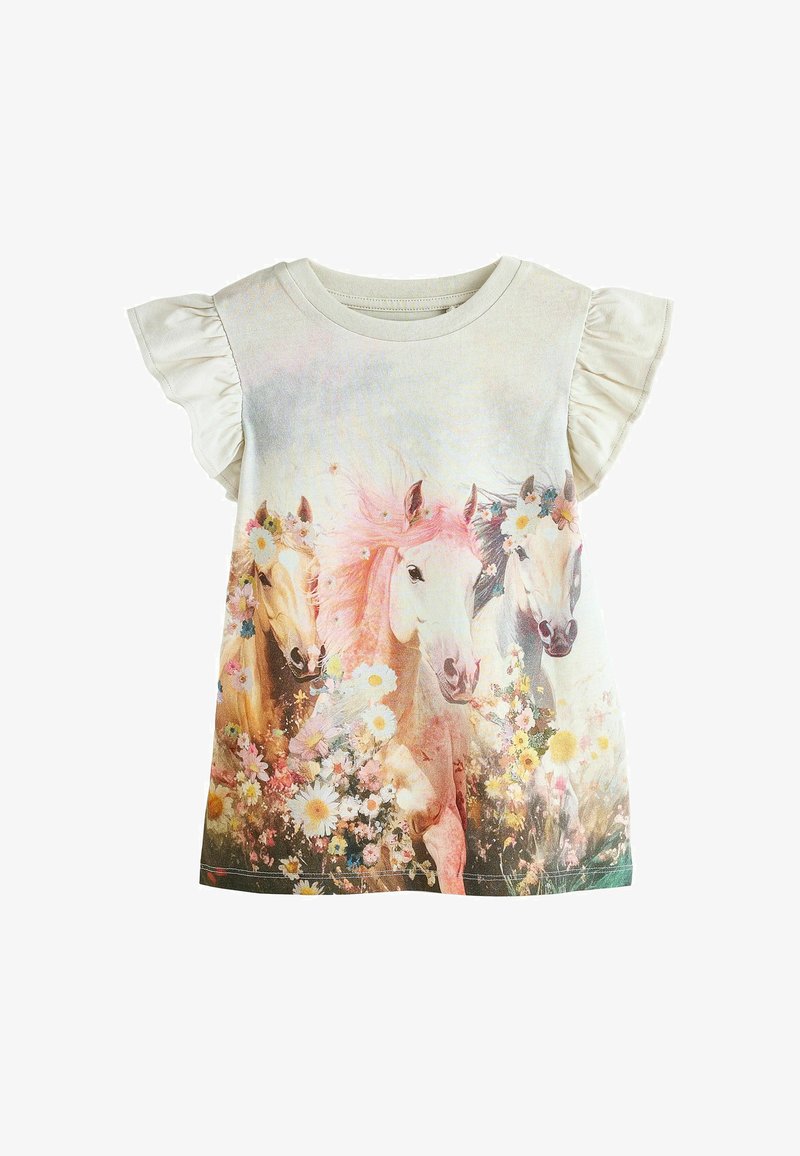 Maglietta bianca a maniche corte per bambini con maniche arricciate, con una stampa colorata di tre cavalli circondati da fiori.