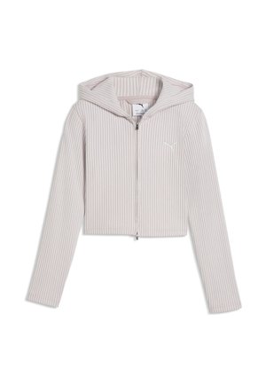 Felpa con cappuccio beige chiaro a costine con cerniera, maniche lunghe e piccolo logo Puma sul petto sinistro, mostrata piatta su sfondo bianco.