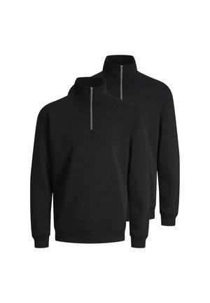 Dwie proste czarne bluzy z suwakiem do ćwiartki, wysokim kołnierzem i ściągaczami, pokazane obok siebie na białym tle.