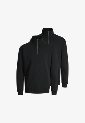 Dwie proste czarne bluzy z suwakiem do ćwiartki, wysokim kołnierzem i ściągaczami, pokazane obok siebie na białym tle.