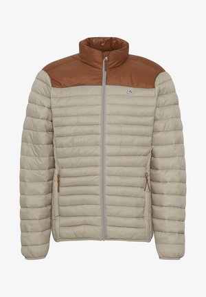 Pufjakas ar bēša krāsu un brūnām plecu daļām, horizontāli izšūts tekstūru, augstu apkakli un ar rāvējslēdzēju priekšpusē ar sānu kabatām.