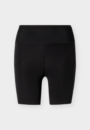 Pantaloncini sportivi neri a vita alta con cuciture piatte e vestibilità aderente che si estende fino a metà coscia, mostrati su uno sfondo chiaro e semplice.