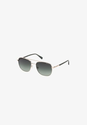 Ochelari de soare aviator metalici cu un dublu pod, lentile gradient de la gri închis la deschis, brațe verzi și accente argintii.