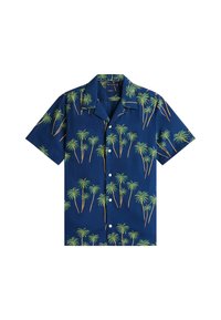 Camisa de manga corta y abotonada en azul marino, con un patrón de palmeras en verde y marrón. Tejido ligero con una textura suave.