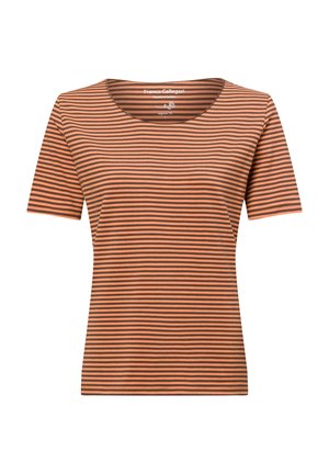Kurzarm-T-Shirt mit Rundhalsausschnitt in orange und braunen horizontalen Streifen. Hergestellt aus hochwertiger Baumwolle mit regulärer Passform. Glatte Textur.