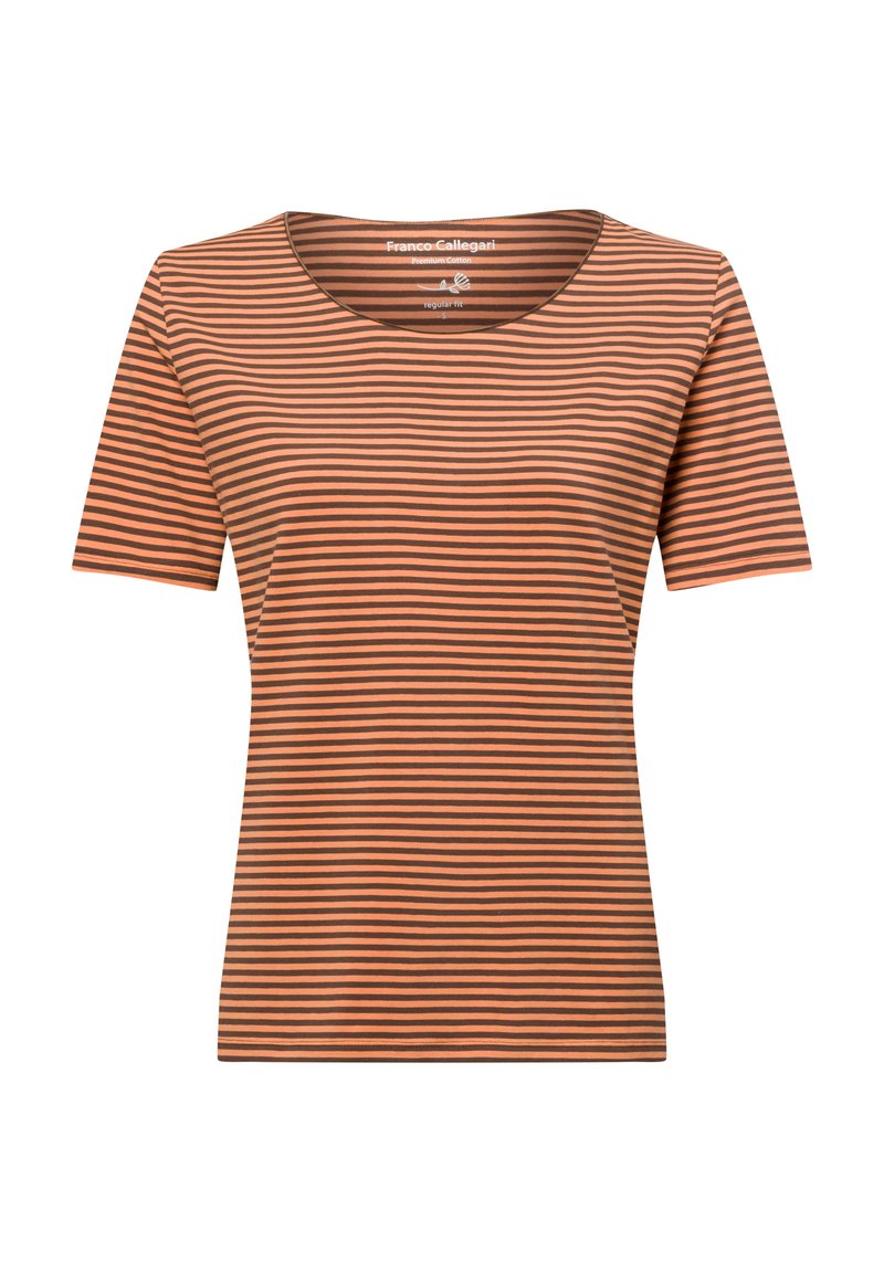 Short-sleeve, crew-neck top in orange and brown horizontal stripes. Made of premium cotton with a regular fit. Smooth texture.
