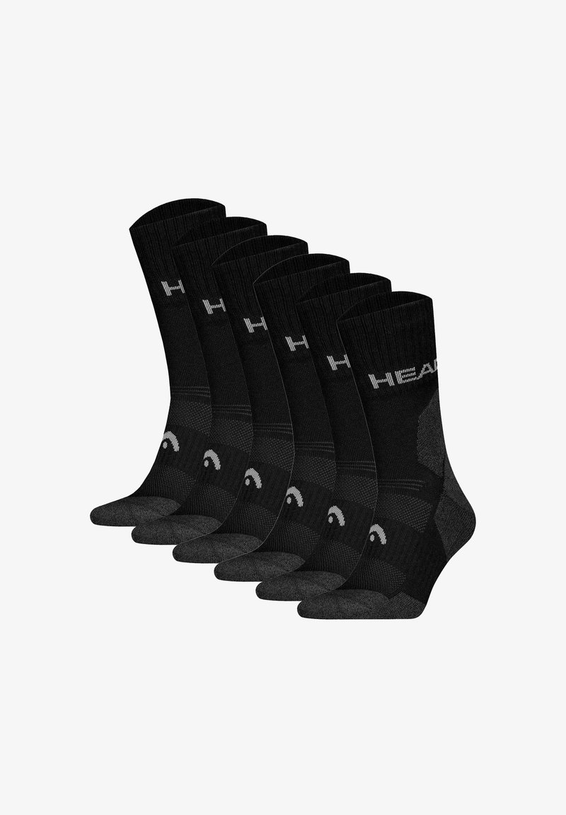 Juego de seis calcetines negros, con textura acanalada, detalle de logotipo y refuerzo en el talón y la puntera para mayor durabilidad. Adecuados para diversas actividades.