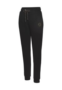 Schwarze Sweatpants aus Baumwollmischung mit elastischem Bund und Kordelzug, Seitentaschen und einem Druckdesign am linken Oberschenkel.