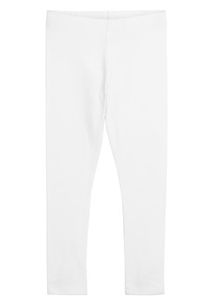 Baltas legingi, izgatavoti no stiepjama kokvilnas maisījuma auduma, ar elastīgu jostu un šauru piegriezumu, piemēroti ikdienas valkāšanai.