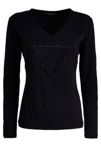 Schwarzes Langarm-T-Shirt mit V-Ausschnitt, ausgestattet mit einem strukturierten Dreieckslogo mit Nieten. Hergestellt aus weichem Stoff, schlichtes Design.
