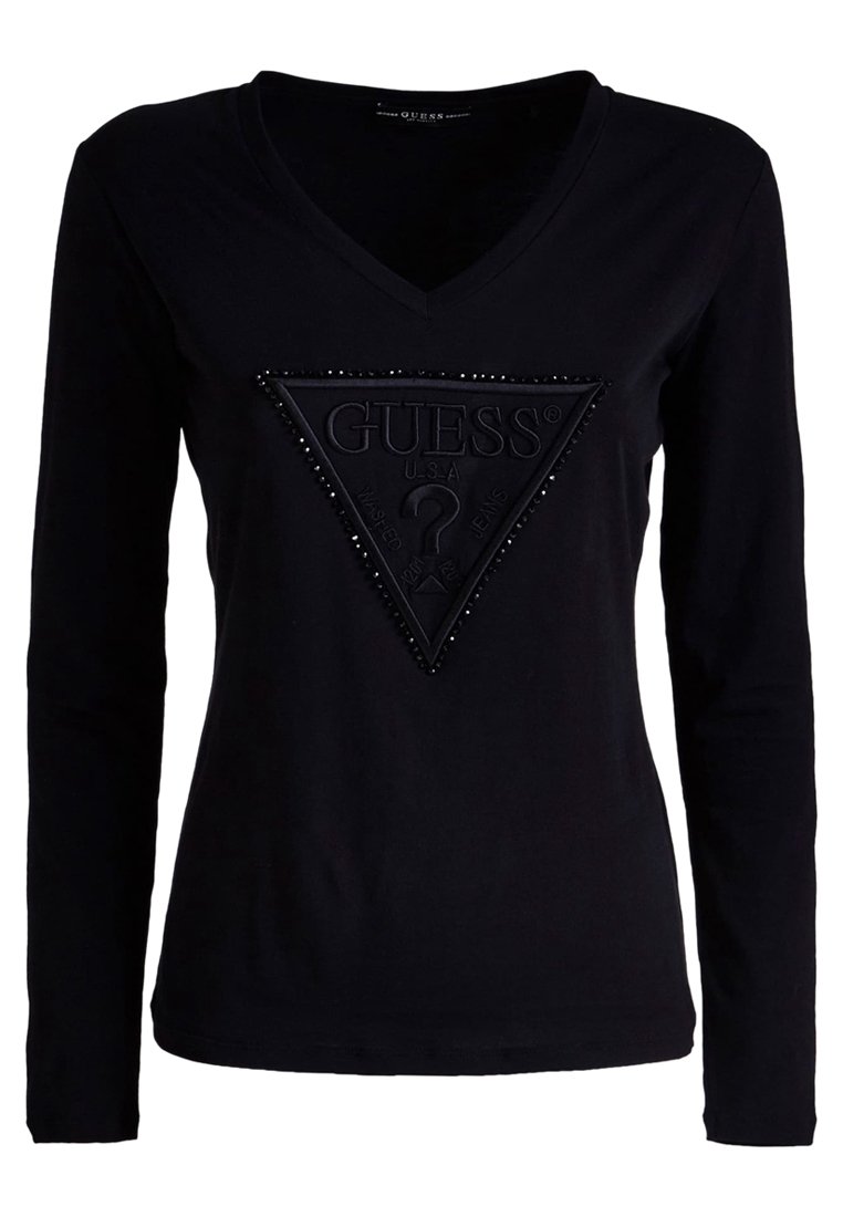 Schwarzes Langarm-T-Shirt mit V-Ausschnitt, ausgestattet mit einem strukturierten Dreieckslogo mit Nieten. Hergestellt aus weichem Stoff, schlichtes Design.