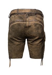 Braune Lederhosen mit strukturiertem Finish, ausgestattet mit einen Gürtelschlaufen, Schnürdetails an den Seiten und dekorativen Nähten an der Rückseite.