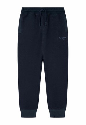 Granatowe spodnie dresowe wykonane z miękkiego materiału, z regulowanym talią na sznurek, prążkowanymi mankietami, bocznymi kieszeniami i subtelnym logo.