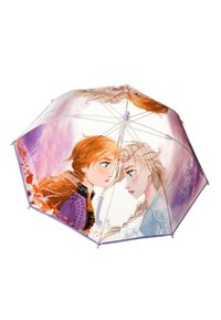 Paraplu met een geprint ontwerp van twee meisjes die elkaar aankijken, met een kleurverloop in paars als achtergrond, en een lichtpaarse rand en handvat.