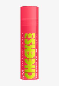 Contenitore cilindrico rosa brillante con finitura lucida, presenta un testo giallo audace che dice "FAT CHEEKS" e dettagli sul prodotto. Contiene 8 mL di blush liquido.