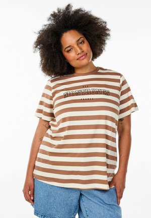 Brown and cream striped t-shirt with a round neckline, short sleeves, and graphic text "MONTAGNES" in black. Cotton material. Casual fit.