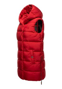Red padded vest with a hood, featuring a quilted design, a front button closure, slanted pockets, and adjustable side zippers.