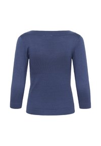 Haut en tricot bleu marine à manches longues avec un col bateau et une texture côtelée, doté de manches ajustées et d'un ourlet droit à la taille.