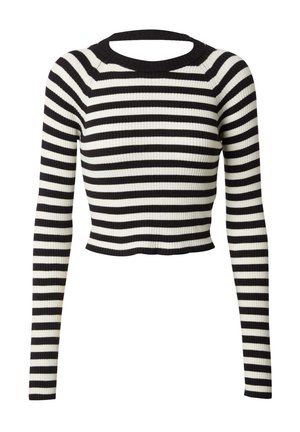 Zwart-witte gestreepte ribbel crop top met lange mouwen, een brede halslijn en een aansluitende textuur, met afwisselend horizontale strepen.
