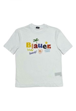 T-shirt blanc à manches courtes avec le texte coloré « Blauer », un palmier, une étoile, des motifs de vagues et le mot « beach ! » imprimés sur le devant.