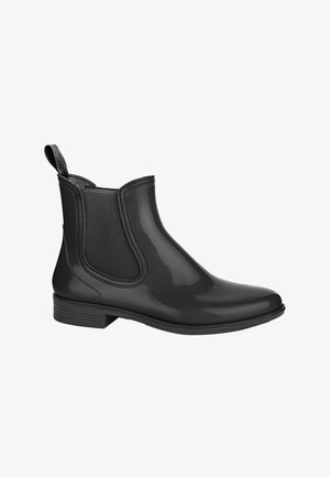 Czarne, połyskliwe botki kostki w stylu Chelsea, z elastycznymi bocznymi wkładkami, pętelką do zakładania oraz niskim, stosunkowo stabilnym obcasem.